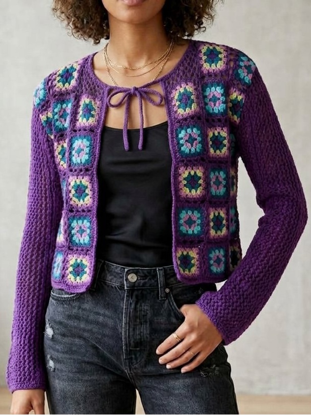 Vintage Purple Crochet Granny Square Open Cardigan Sweater